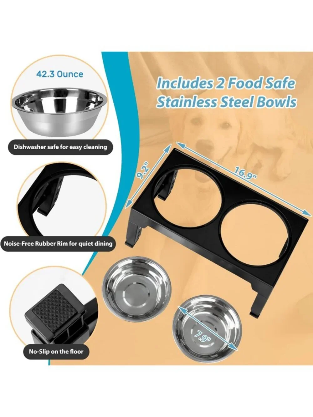Adjustable Elevated Dog Bowls with 2 Stainless Steel Bowls - 5 Height Options
